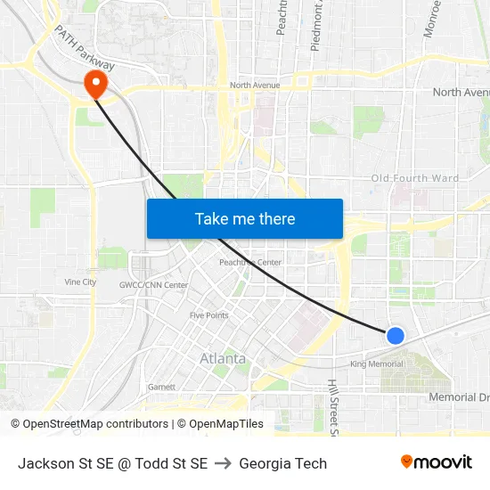 Jackson St SE @ Todd St SE to Georgia Tech map