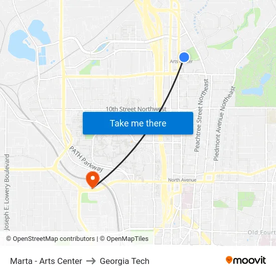 Marta - Arts Center to Georgia Tech map
