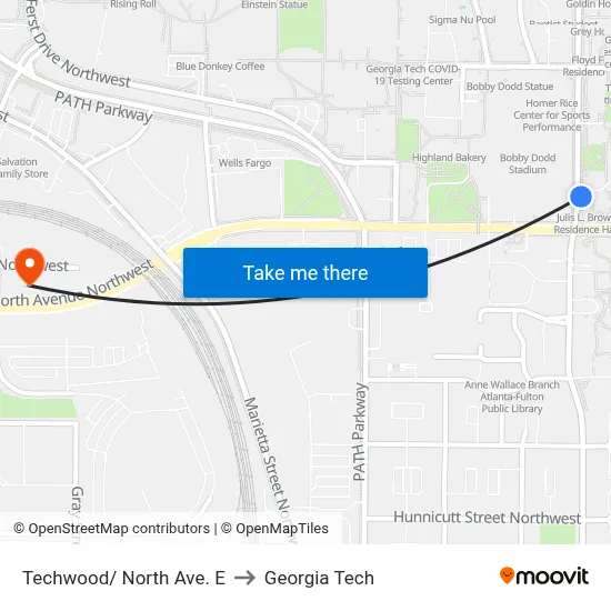 Techwood/ North Ave. E to Georgia Tech map