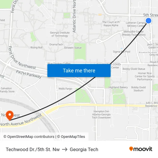 Techwood Dr./5th St. Nw to Georgia Tech map
