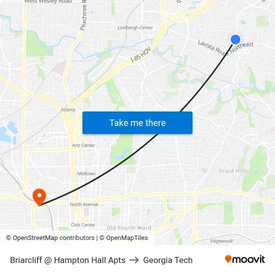 Briarcliff @ Hampton Hall Apts to Georgia Tech map