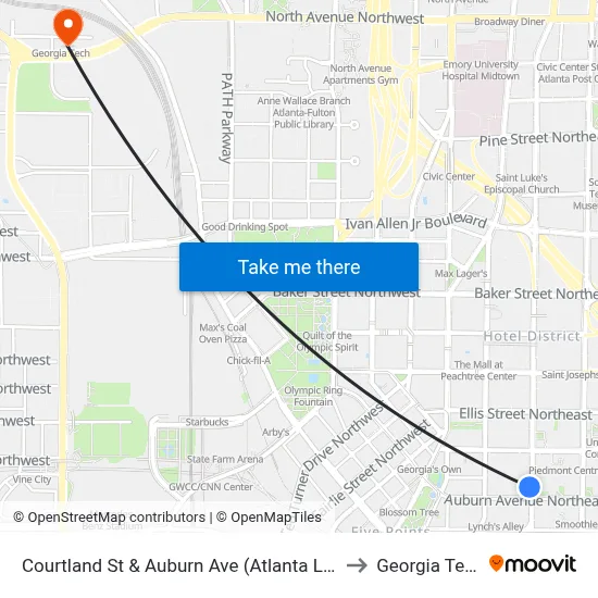 Courtland St & Auburn Ave (Atlanta Life) to Georgia Tech map