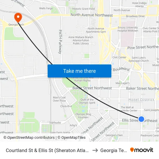 Courtland St & Ellis St (Sheraton Atlanta) to Georgia Tech map