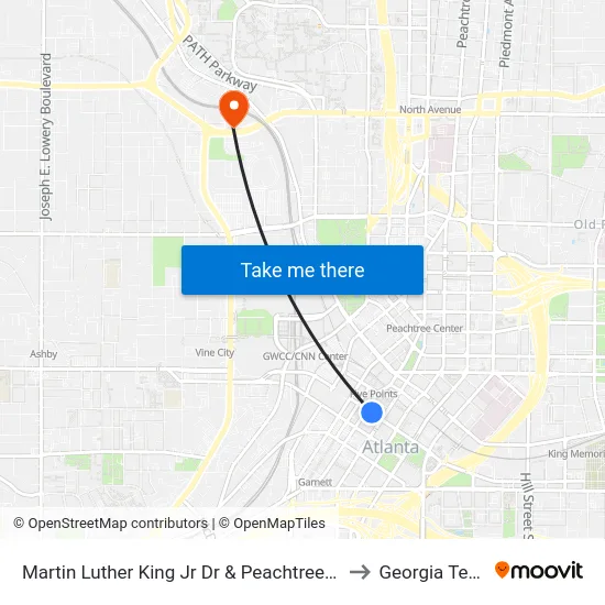 Martin Luther King Jr Dr & Peachtree St to Georgia Tech map