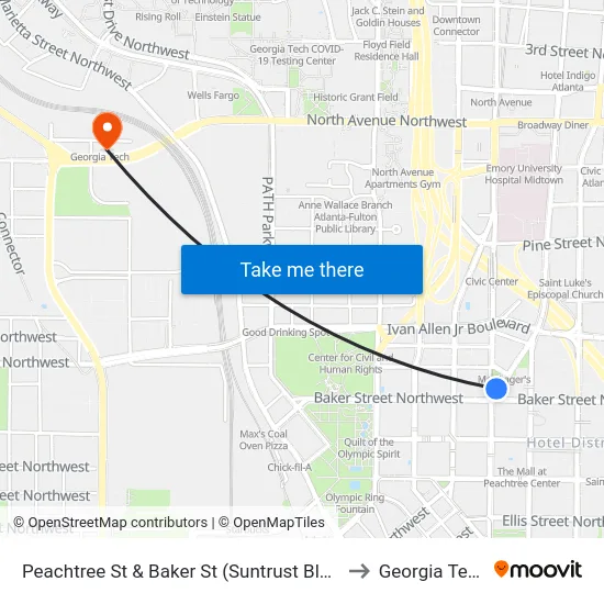 Peachtree St & Baker St (Suntrust Bldg) to Georgia Tech map
