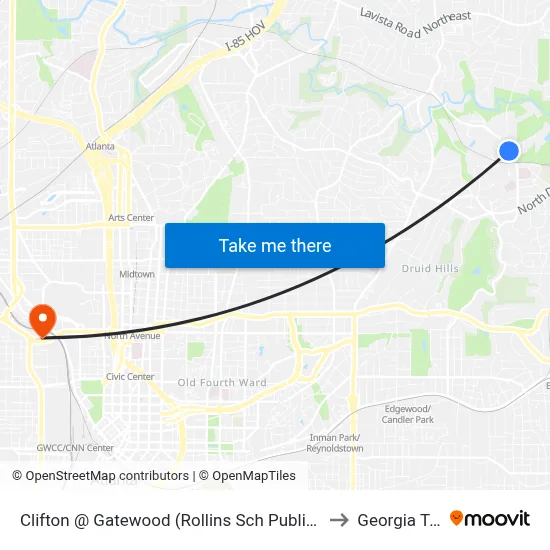Clifton @ Gatewood (Rollins Sch Public Health) to Georgia Tech map