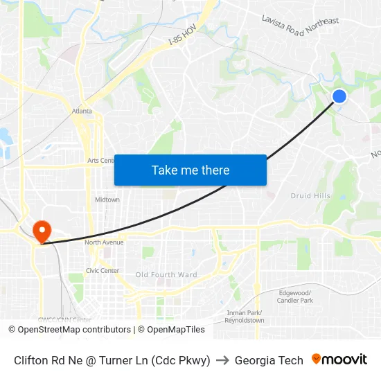 Clifton Rd Ne @ Turner Ln (Cdc Pkwy) to Georgia Tech map