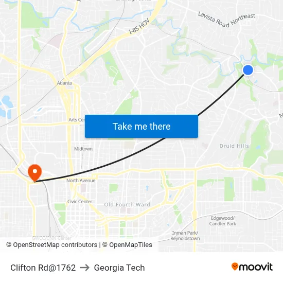 Clifton Rd@1762 to Georgia Tech map