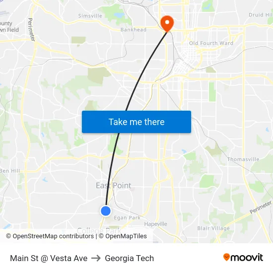 Main St @ Vesta Ave to Georgia Tech map