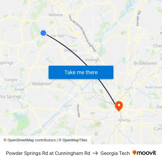 Powder Springs Rd at Cunningham Rd to Georgia Tech map