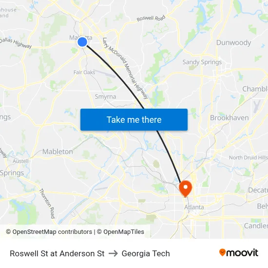 Roswell St at Anderson St to Georgia Tech map