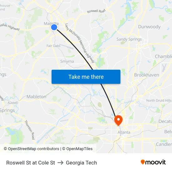 Roswell St at Cole St to Georgia Tech map