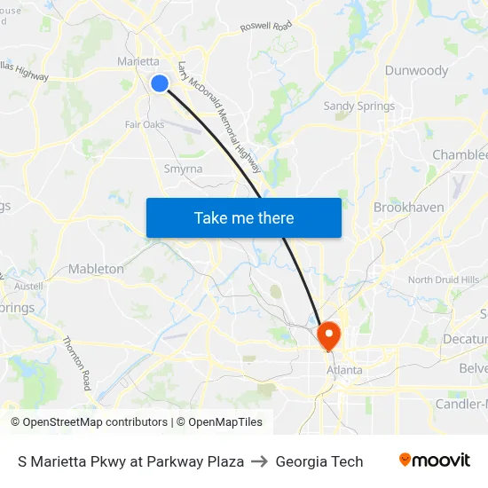 S Marietta Pkwy at Parkway Plaza to Georgia Tech map