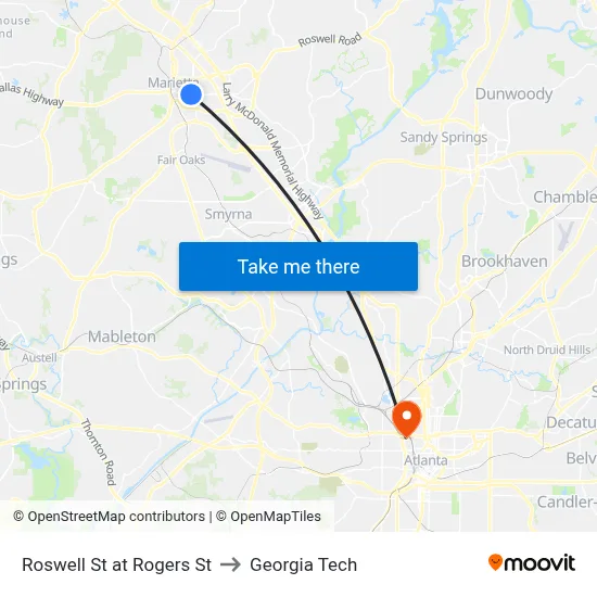 Roswell St at Rogers St to Georgia Tech map