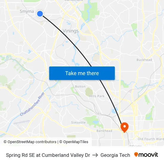 Spring Rd SE at Cumberland Valley Dr to Georgia Tech map