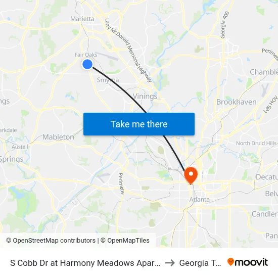 S Cobb Dr at Harmony Meadows Apartments to Georgia Tech map