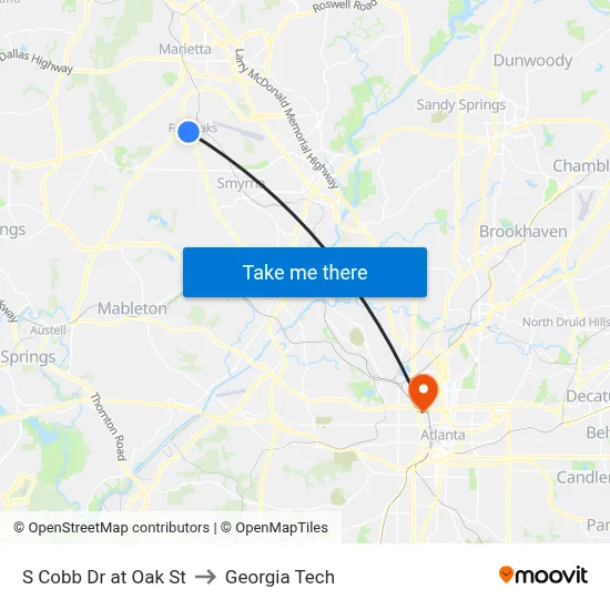 S Cobb Dr at Oak St to Georgia Tech map