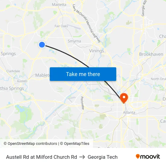 Austell Rd at Milford Church Rd to Georgia Tech map