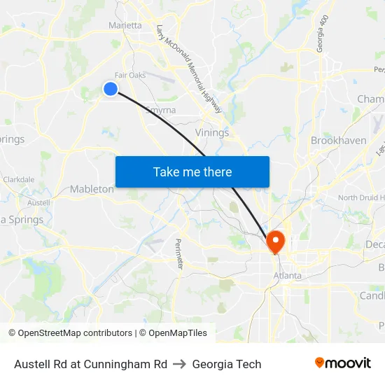 Austell Rd at Cunningham Rd to Georgia Tech map