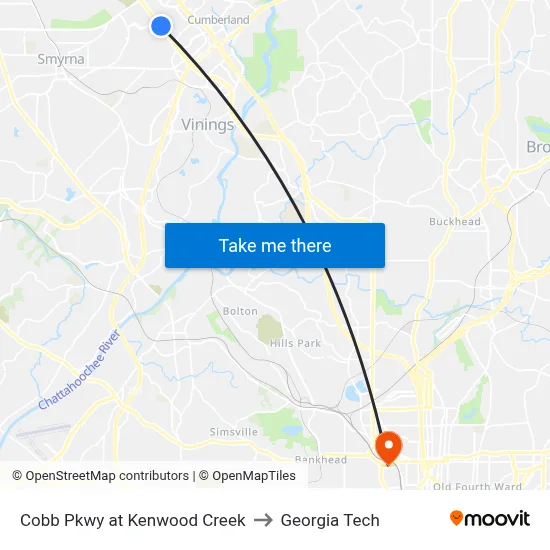 Cobb Pkwy at Kenwood Creek to Georgia Tech map