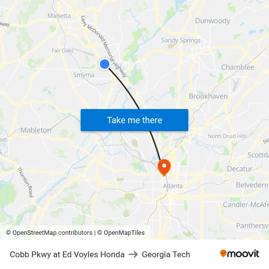 Cobb Pkwy at Ed Voyles Honda to Georgia Tech map