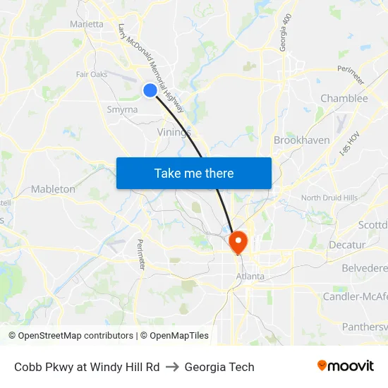 Cobb Pkwy at Windy Hill Rd to Georgia Tech map