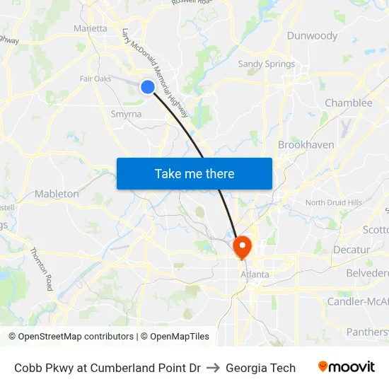 Cobb Pkwy at Cumberland Point Dr to Georgia Tech map