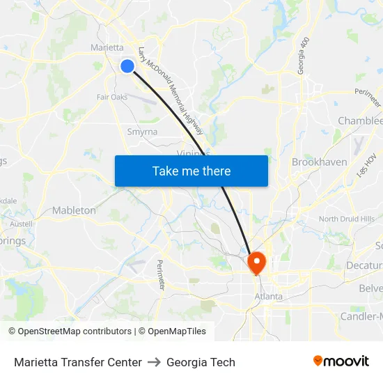 Marietta Transfer Center to Georgia Tech map