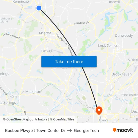 Busbee Pkwy at Town Center Dr to Georgia Tech map