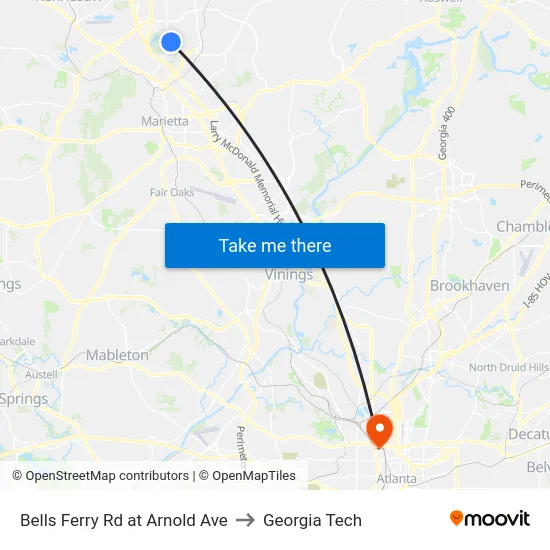 Bells Ferry Rd at Arnold Ave to Georgia Tech map