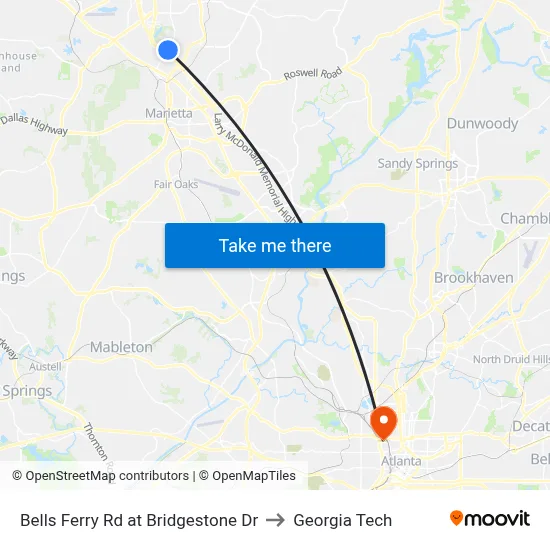 Bells Ferry Rd at Bridgestone Dr to Georgia Tech map