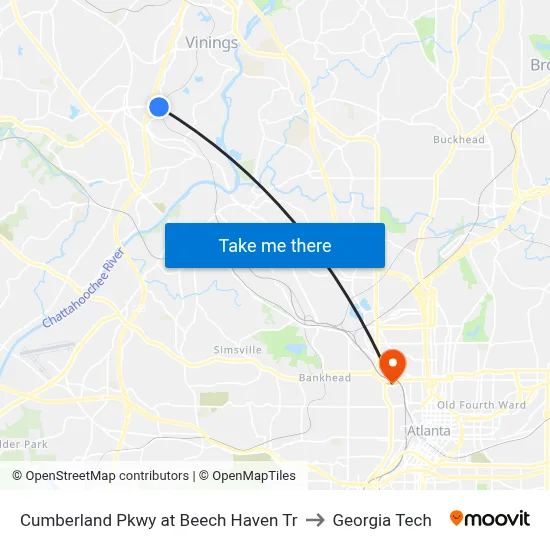 Cumberland Pkwy at Beech Haven Tr to Georgia Tech map