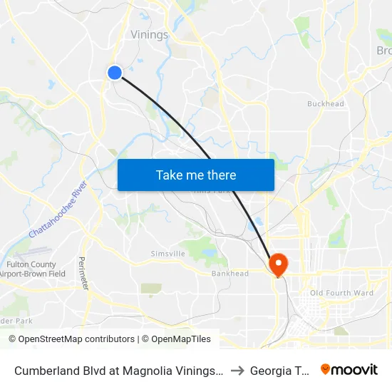 Cumberland Blvd at Magnolia Vinings Apts to Georgia Tech map
