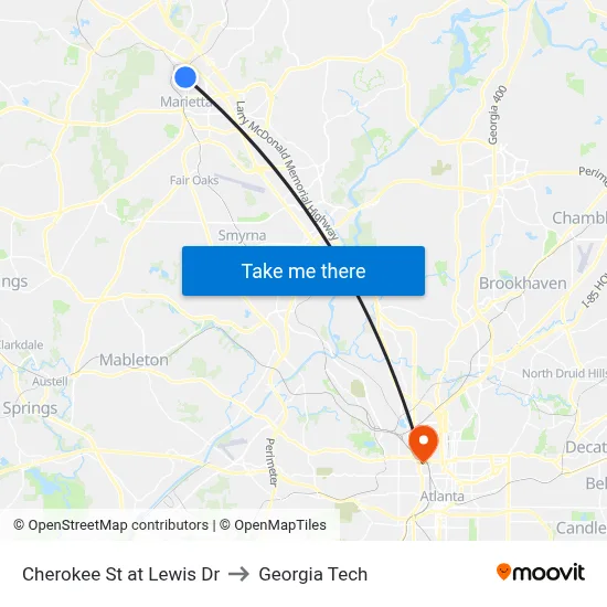 Cherokee St at Lewis Dr to Georgia Tech map
