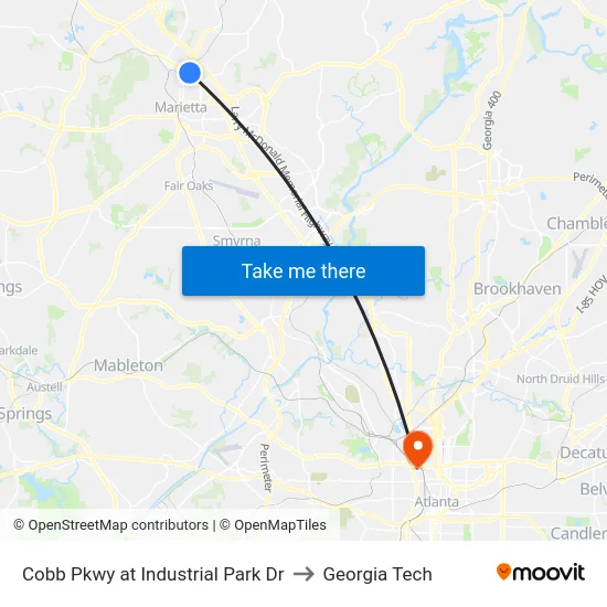 Cobb Pkwy at Industrial Park Dr to Georgia Tech map