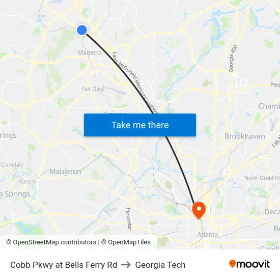 Cobb Pkwy at Bells Ferry Rd to Georgia Tech map