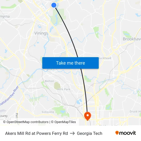 Akers Mill Rd at Powers Ferry Rd to Georgia Tech map