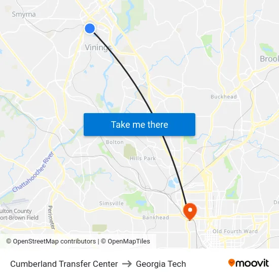 Cumberland Transfer Center to Georgia Tech map