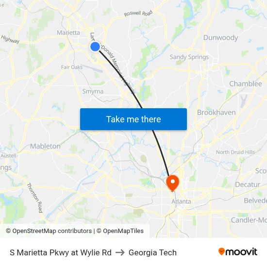 S Marietta Pkwy at Wylie Rd to Georgia Tech map