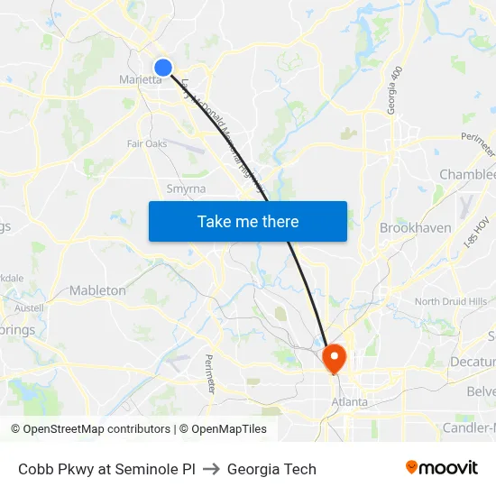 Cobb Pkwy at Seminole Pl to Georgia Tech map