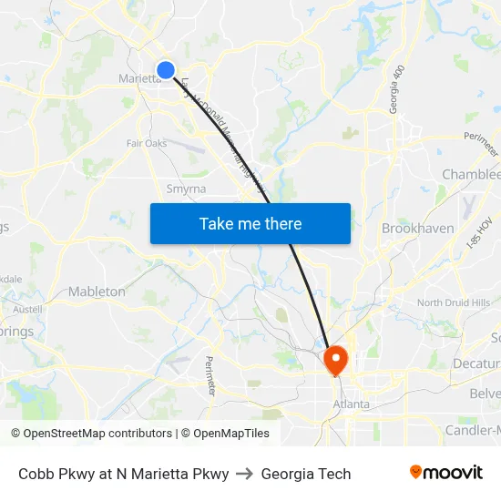Cobb Pkwy at N Marietta Pkwy to Georgia Tech map