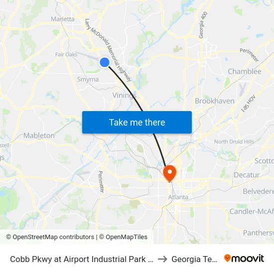 Cobb Pkwy at Airport Industrial Park Dr to Georgia Tech map