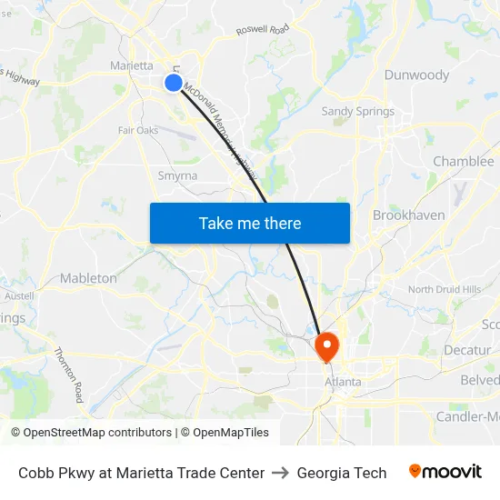 Cobb Pkwy at Marietta Trade Center to Georgia Tech map