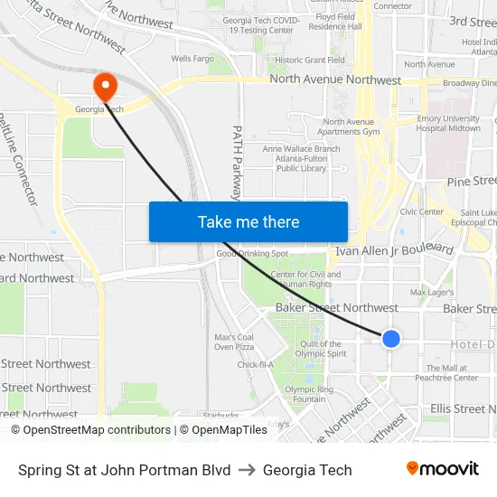 Spring St at John Portman Blvd to Georgia Tech map