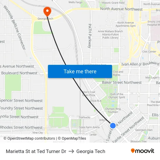 Marietta St at Ted Turner Dr to Georgia Tech map