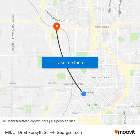 Mlk Jr Dr at Forsyth St to Georgia Tech map