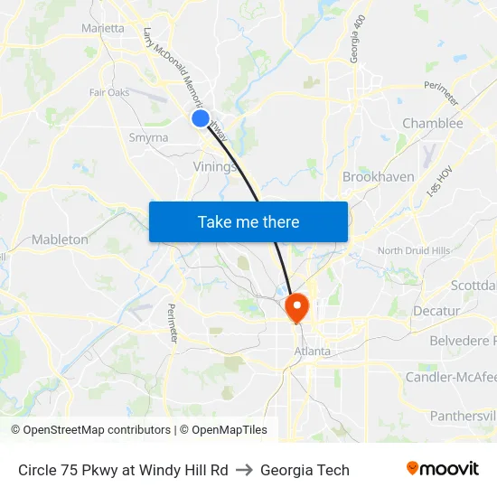 Circle 75 Pkwy at Windy Hill Rd to Georgia Tech map