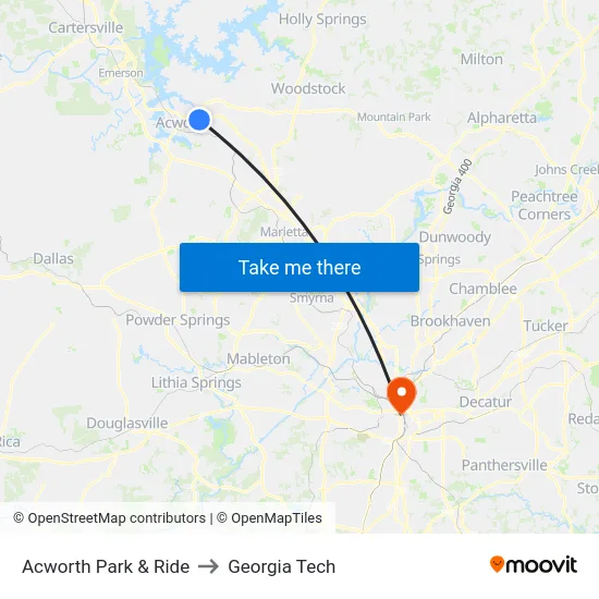 Acworth Park & Ride to Georgia Tech map