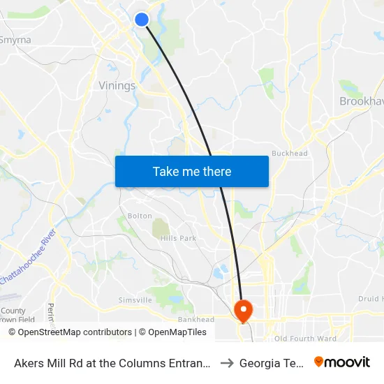 Akers Mill Rd at the Columns Entrance to Georgia Tech map