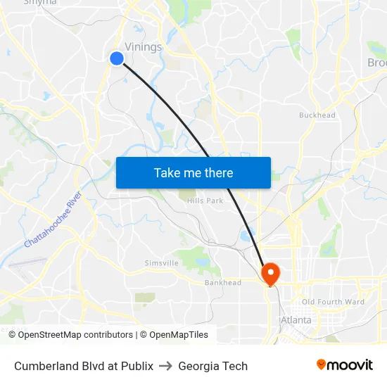 Cumberland Blvd at Publix to Georgia Tech map